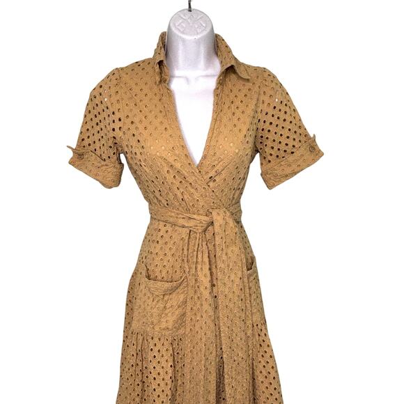 Diane Von Furstenburg Taffy Tan Eyelet Lace Wrap Cotton Belted Midi Dress 6 - Picture 1 of 11